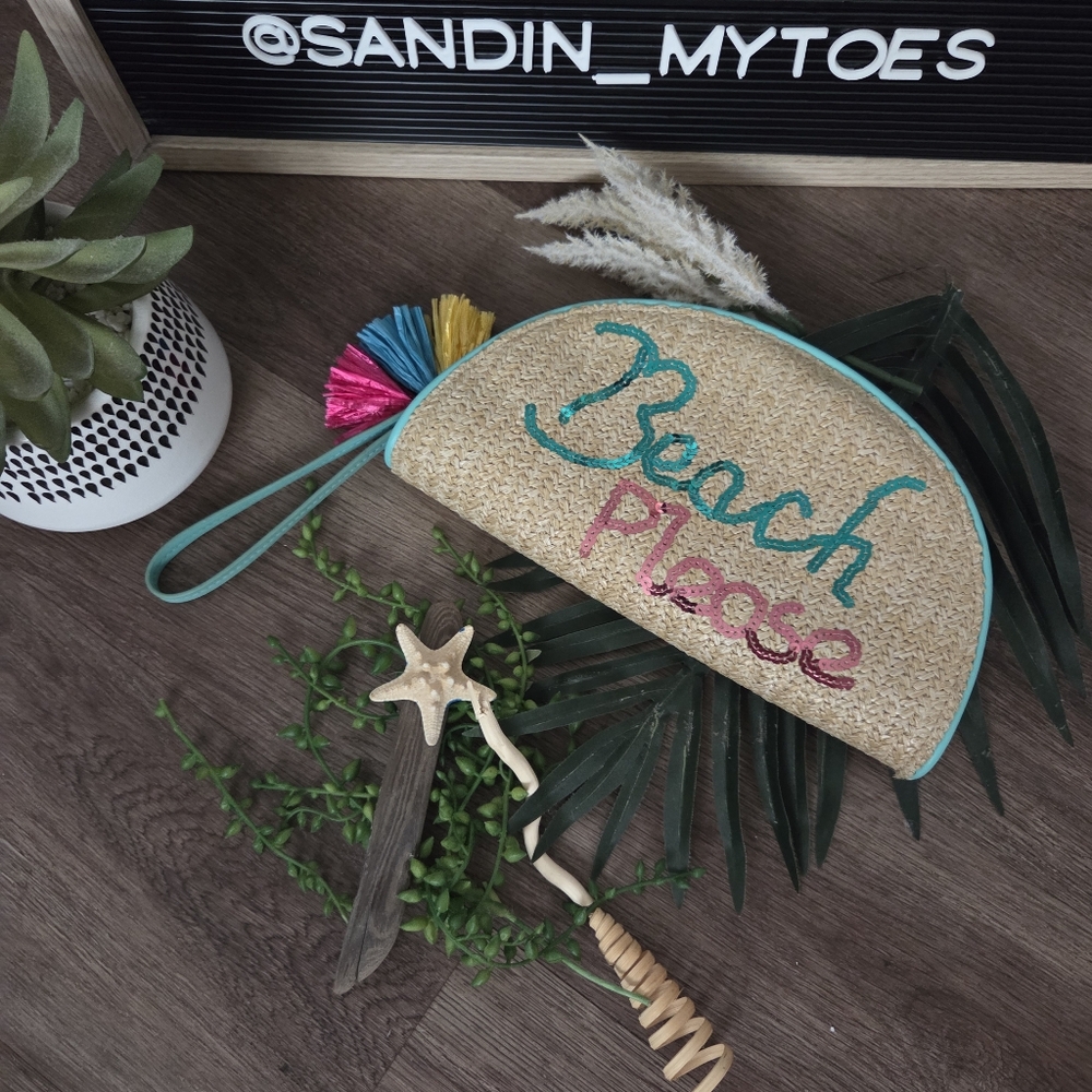 Beach Please Monogram Raffia wristlet clutch purse handbag, one size mul…